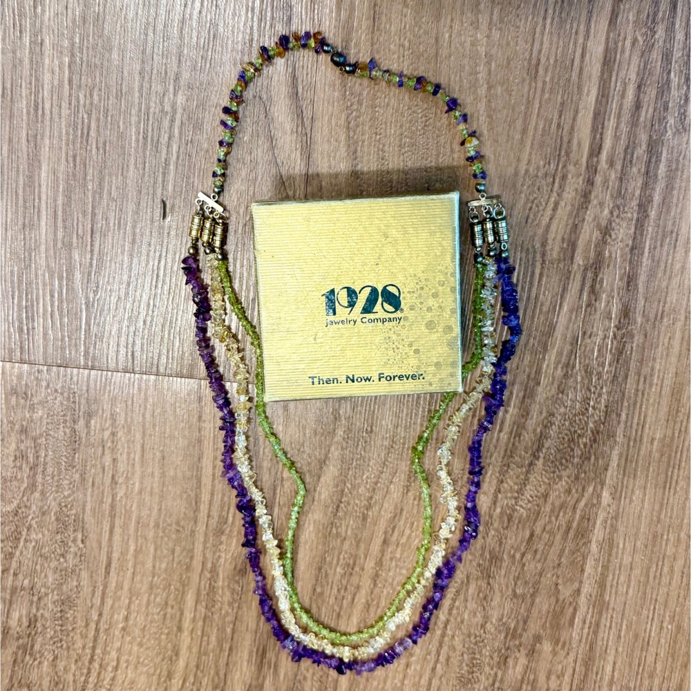 Vtg 1928 Jewelry Co Multi Strand Gemstone Chip Necklace Amethyst Citrine Peridot